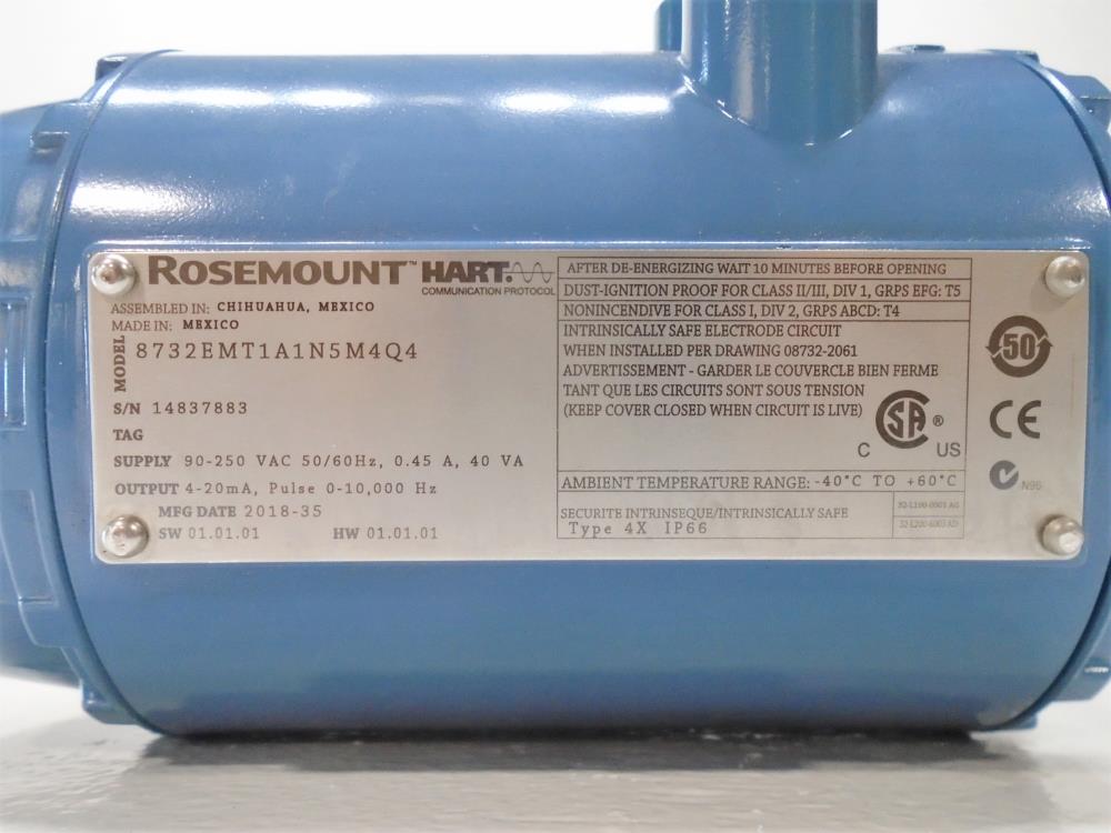 Rosemount 1" 300# Flanged Magnetic Flowtube, PTFE Lined 8732EMT1A1N5M4Q4